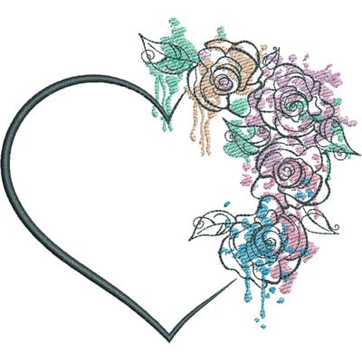 An embroidery design of a heart shape adorned with delicate, colorful roses and leaves.