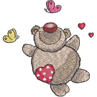 An embroidery design of a cheerful teddy bear with a red nose and a pink heart on its belly, surrounded by colorful butterflies and hearts.