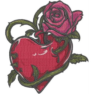 An embroidery design of a vibrant red heart entwined with a pink rose and green leaves.