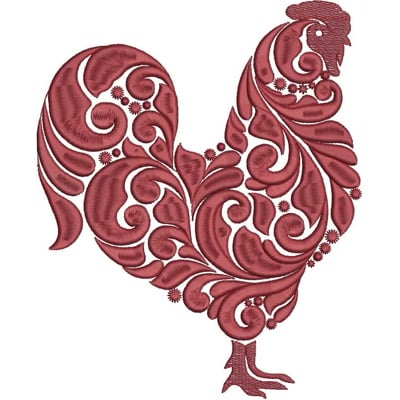 An embroidery design of a beautifully detailed rooster, featuring intricate swirls and floral motifs in rich red tones.