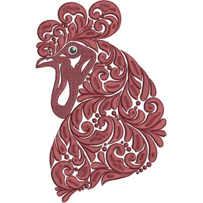 An embroidery design of a stylized chicken's head adorned with intricate swirls and embellishments.
