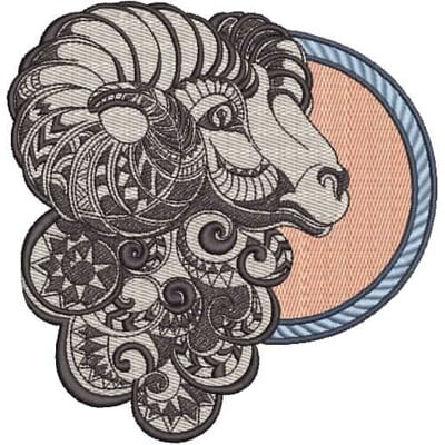 An embroidery design of a stylized ram's head adorned with intricate patterns and flowing mane details.