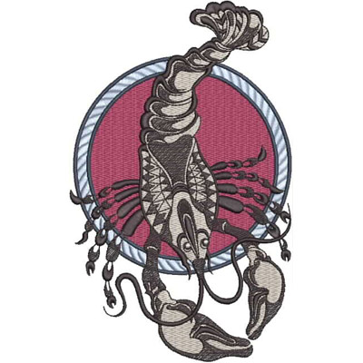 An embroidery design of a detailed scorpion with ornate patterns, set against a circular backdrop.