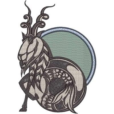 An embroidery design of a mythical creature with intricate patterns and distinctive horns, framed by a circular element.