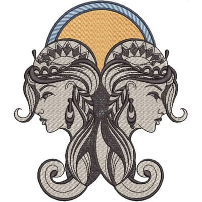 An embroidery design of two stylized female faces in profile, adorned with decorative headpieces and flowing hair, framed by a semi-circular sun.