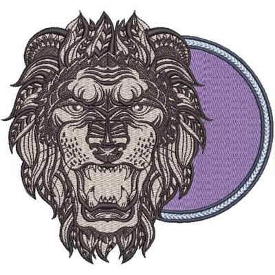 An embroidery design of a fierce lion's head, showcasing intricate details and bold features against a circular backdrop.