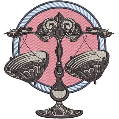 An embroidery design of a beautifully detailed scale, symbolizing balance, featuring ornate bowls and a decorative central stem.