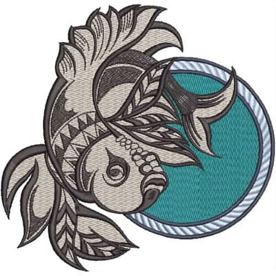 An embroidery design of a stylized fish with intricate detailing and flowing fins, set against a circular background.