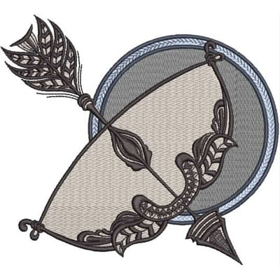 An embroidery design of an ornate shield crossed by an arrow, featuring intricate detailing and elegant curves.