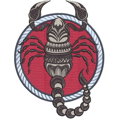 An embroidery design of a stylized scorpion featuring intricate detailing and bold contrasts against a circular background.
