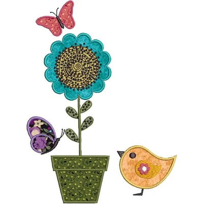 An embroidery design of a bright blue flower in a green pot, accompanied by a yellow bird, a purple butterfly, and a pink butterfly.