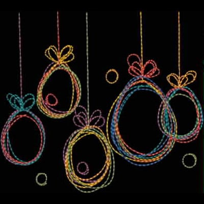 An embroidery design of colorful, looped rope shapes resembling hanging ornaments, each adorned with bows.
