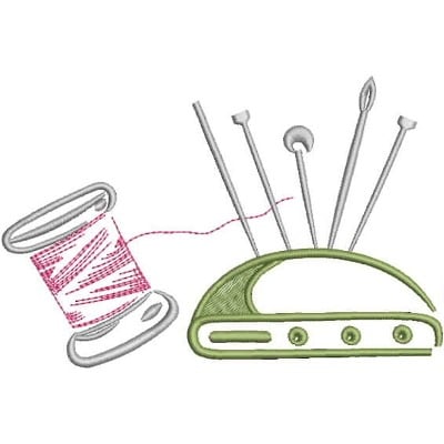 An embroidery design of a sewing spool and a needle holder, featuring a spool of thread unwinding next to a green needle case with several needles.