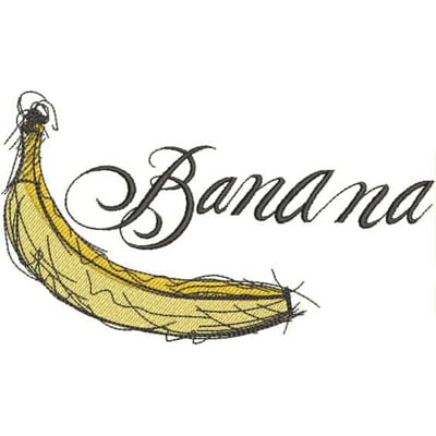 An embroidery design of a stylized banana alongside the word "Banana" in elegant script.