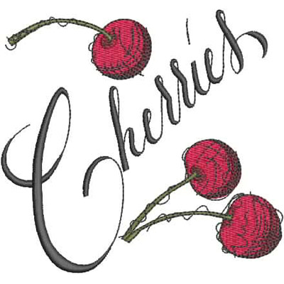 An embroidery design of three vibrant red cherries adorned with whimsical green stems, accompanied by the cursive word "Cherries."