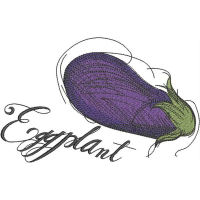 An embroidery design of a vibrant purple eggplant accompanied by the word "Eggplant" in elegant lettering.