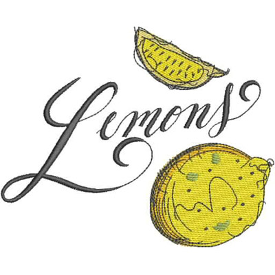 An embroidery design of the word "Lemons" in elegant script, accompanied by illustrations of whole and sliced lemons.