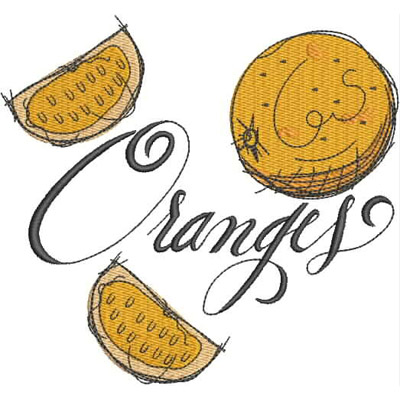 An embroidery design of a stylized orange and two orange slices alongside the word "Oranges" in elegant lettering.