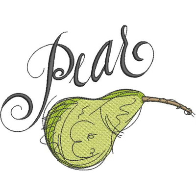 An embroidery design of a green pear accompanied by the word "pear" in elegant lettering.