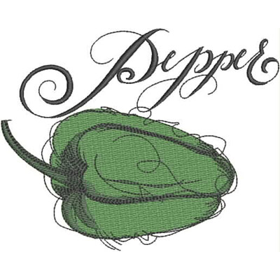 An embroidery design of a green pepper accompanied by an elegant script that spells "Pepper."