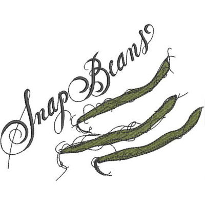 An embroidery design of three green snap beans with the text "Snap Beans" elegantly scripted above them.
