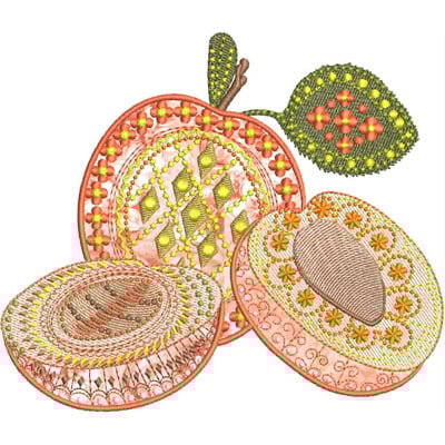 An embroidery design of a stylized fruit with intricate detailing, featuring a whole fruit alongside two sliced sections, each embellished with decorative patterns and vibrant colors.