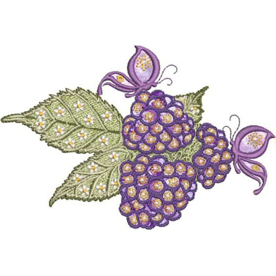 An embroidery design of vibrant purple berries accompanied by delicate leaves and a butterfly.