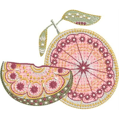 An embroidery design of a sliced fruit with intricate floral patterns and vibrant colors, featuring both a full slice and a half slice accompanied by a decorative leaf.