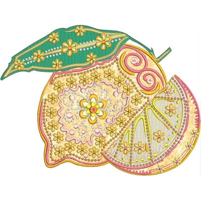 An embroidery design of a vibrant, stylized fruit with decorative flower patterns and intricate details in various colors.