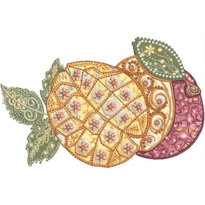 An embroidery design of a colorful fruit arrangement featuring a pineapple with intricate patterns and decorative leaves.