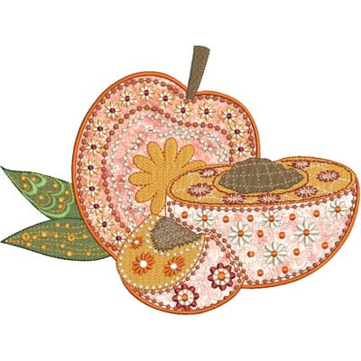 An embroidery design of a colorful stylized apple and its cut half, featuring intricate patterns and floral details.