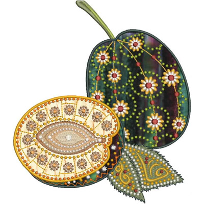 An embroidery design of a stylized fruit with intricate floral patterns and detailed leaves, showcasing vibrant colors and decorative textures.