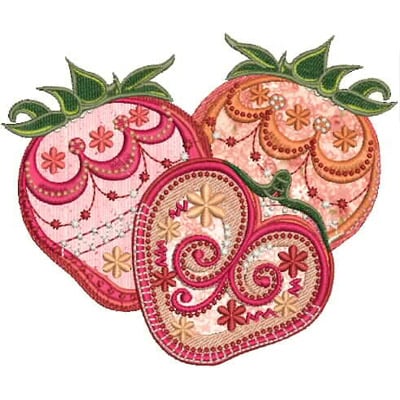 An embroidery design of three decorative strawberries featuring intricate patterns and vibrant colors.