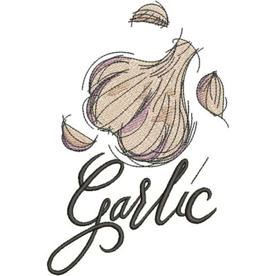 An embroidery design of a garlic bulb accompanied by scattered garlic cloves and the word "Garlic" in elegant script.