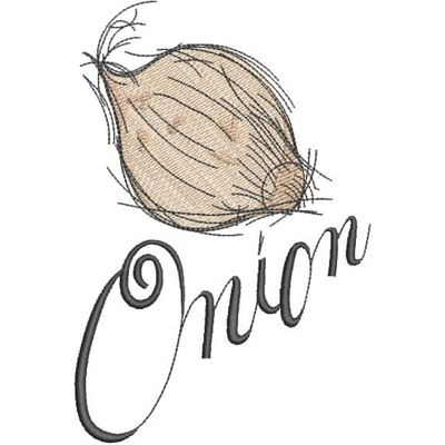 An embroidery design of a stylized onion with the word "Onion" elegantly scripted below it.