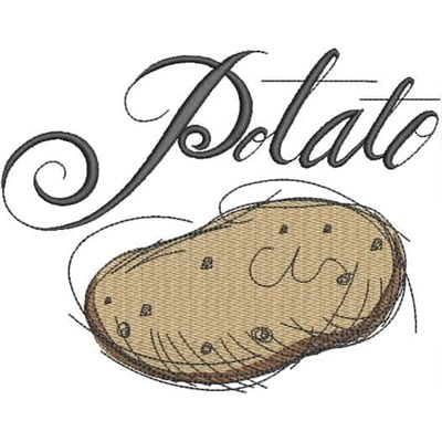 An embroidery design of a cartoon-style potato accompanied by the whimsical text "Potato."