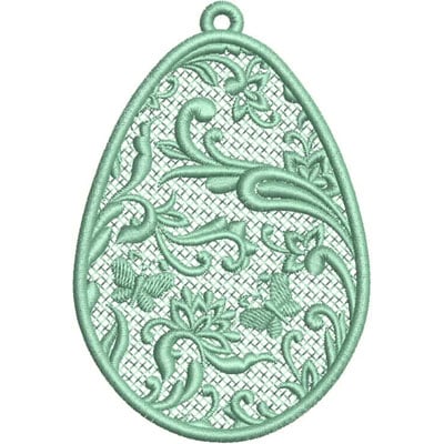 An embroidery design of a delicate, mint green teardrop shape featuring intricate floral and vine patterns.
