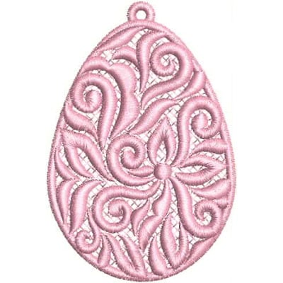 An embroidery design of an intricate pink oval shape featuring flowing swirls and floral motifs.