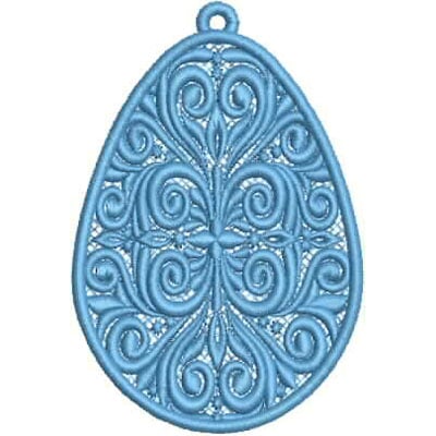 An embroidery design of an intricately detailed blue teardrop shape featuring swirling patterns and ornate flourishes.