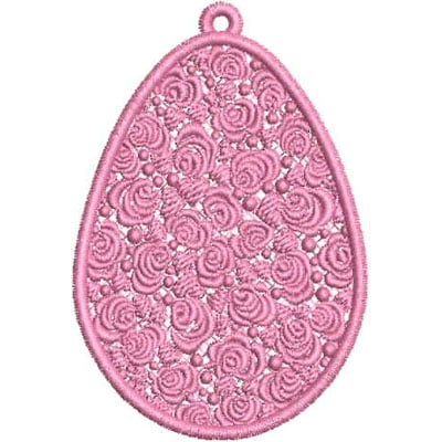 An embroidery design of an ornate pink egg shape featuring intricate rose patterns throughout.