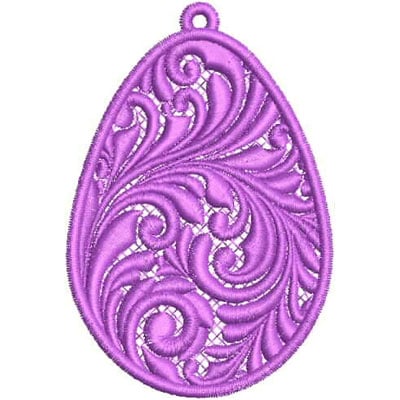 An embroidery design of an intricate purple teardrop shape featuring elegant swirling patterns.