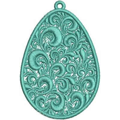 An embroidery design of an ornate teardrop shape featuring intricate swirling patterns in a soothing turquoise color.