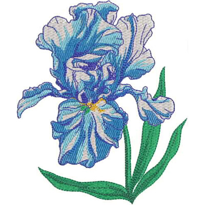 An embroidery design of a blue iris flower with delicate petals and green leaves.