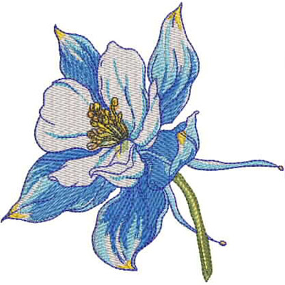 An embroidery design of a delicate blue and white flower with intricate petals and golden stamens.