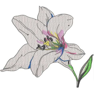 An embroidery design of a delicate white lily with subtle hints of pink and green accents.