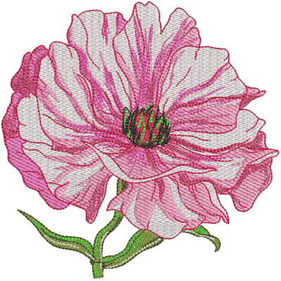 An embroidery design of a large, blossoming pink flower with intricate petal details and green leaves.