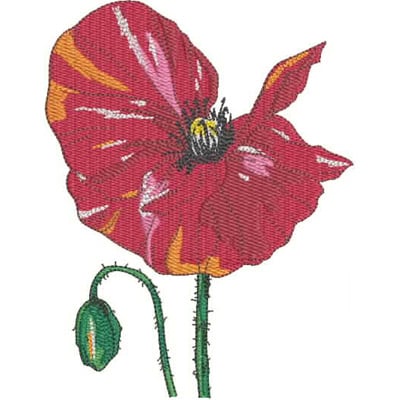 An embroidery design of a vibrant red poppy flower with delicate petals and a budding green stem.