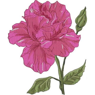 An embroidery design of a vibrant pink flower with intricate petal details and green leaves.