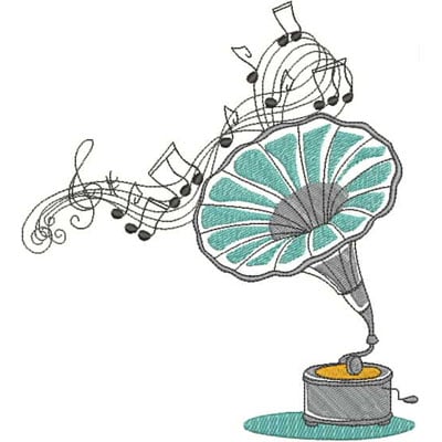 An embroidery design of a vintage gramophone with musical notes flowing from the horn.