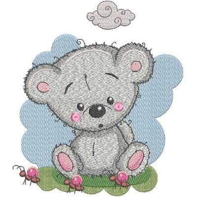 An embroidery design of a cute gray bear sitting with a sad expression, featuring rosy cheeks and pink accents, surrounded by little ants.